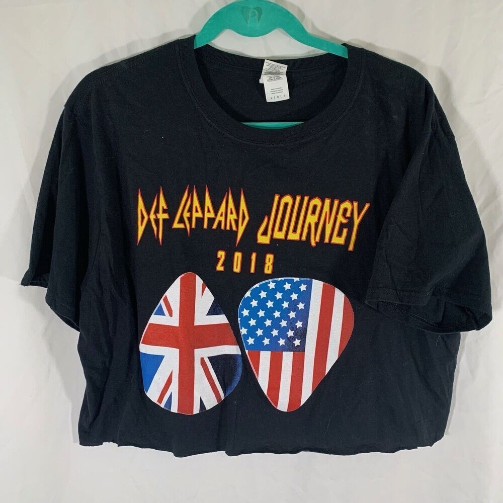 Def Leppard Crop Top Women's Large Black Short Sleeve Crew Neck 100% Cotton